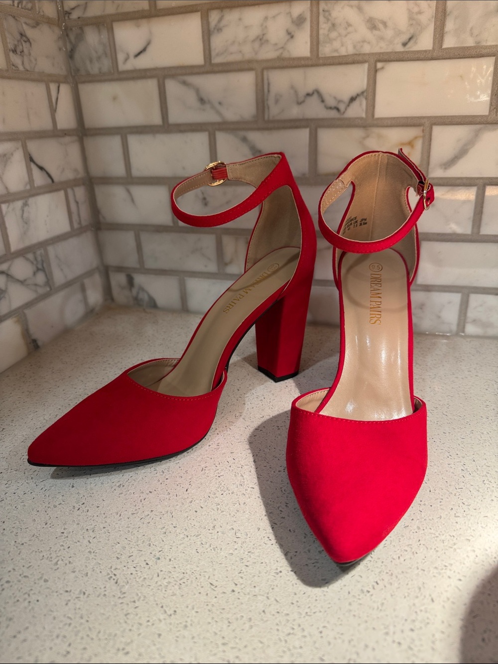 DREAM PAIRS Red Ankle-Strap Pointed-Toe Block Heels - Women